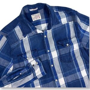 Lucky Brand Pearl Snap Plaid Western Shirt Mens Long Sleeve‎ Mens Small Blue